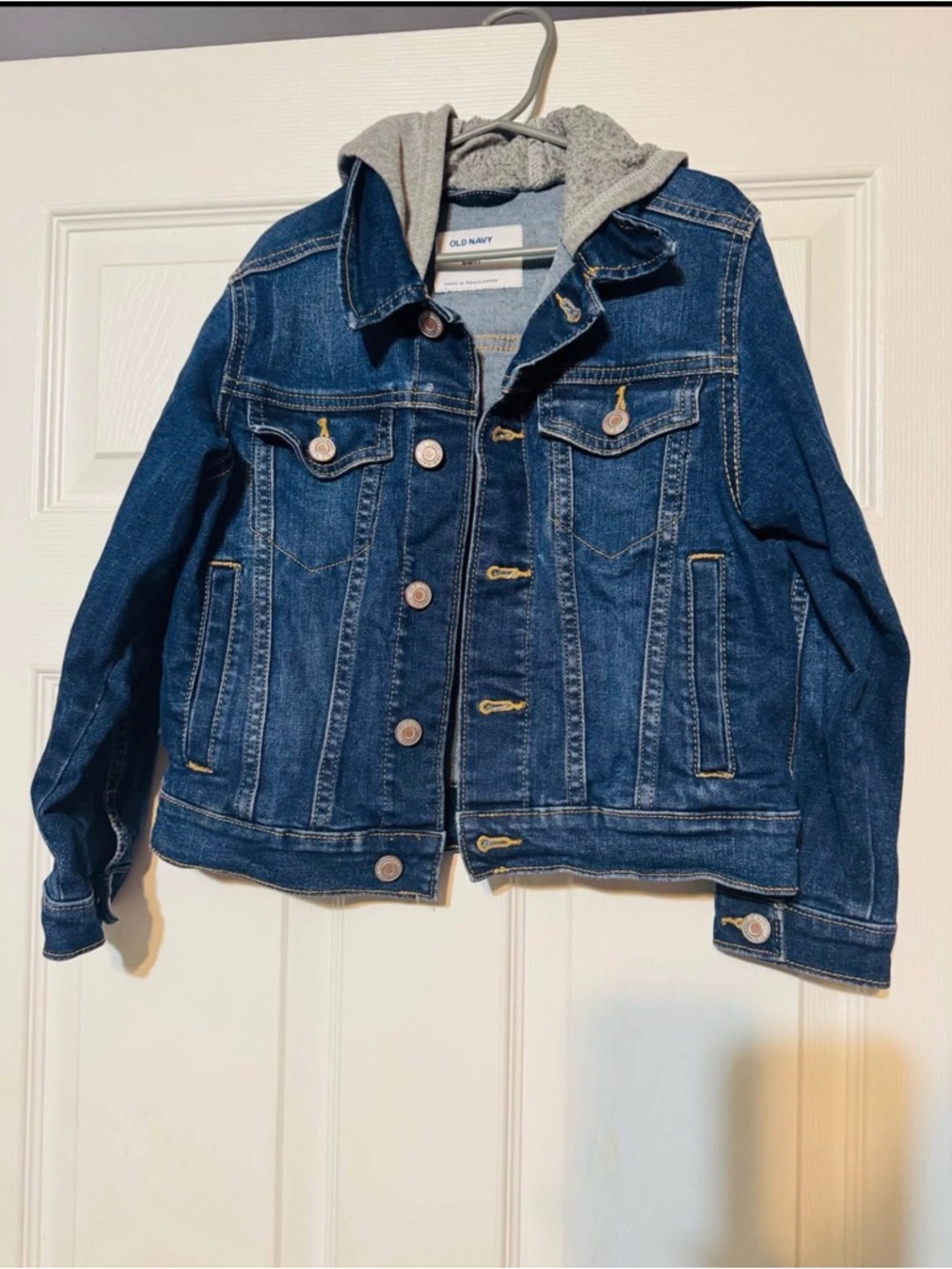 Kids Old Navy Blue Denim Jacket with Gray Hooded Liner size 6/7